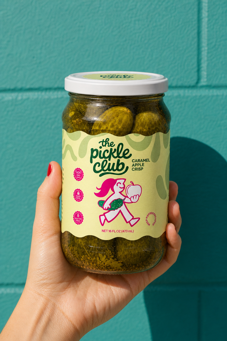 The Pickle Club jar against a teal background